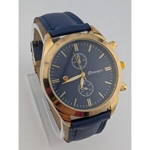 Classique Watch Women 39mm Gold Case Blue Leather Band- New Battery